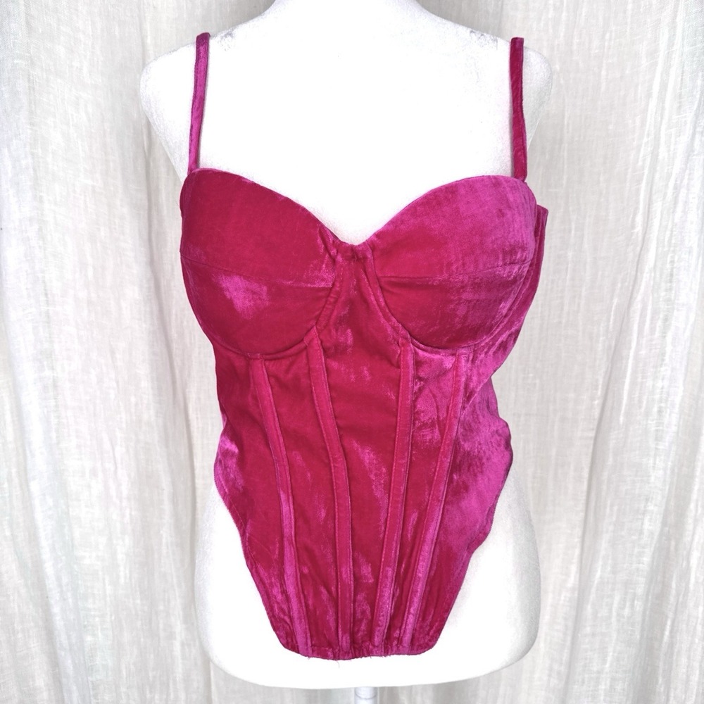 Fuchsia Hot Pink Velvet Bustier Corset L Coquette Going Out Padded Dopamine Rave